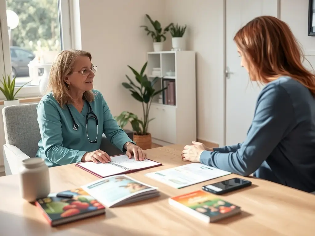 A practitioner discussing health concerns with a client in a personalized consultation setting.